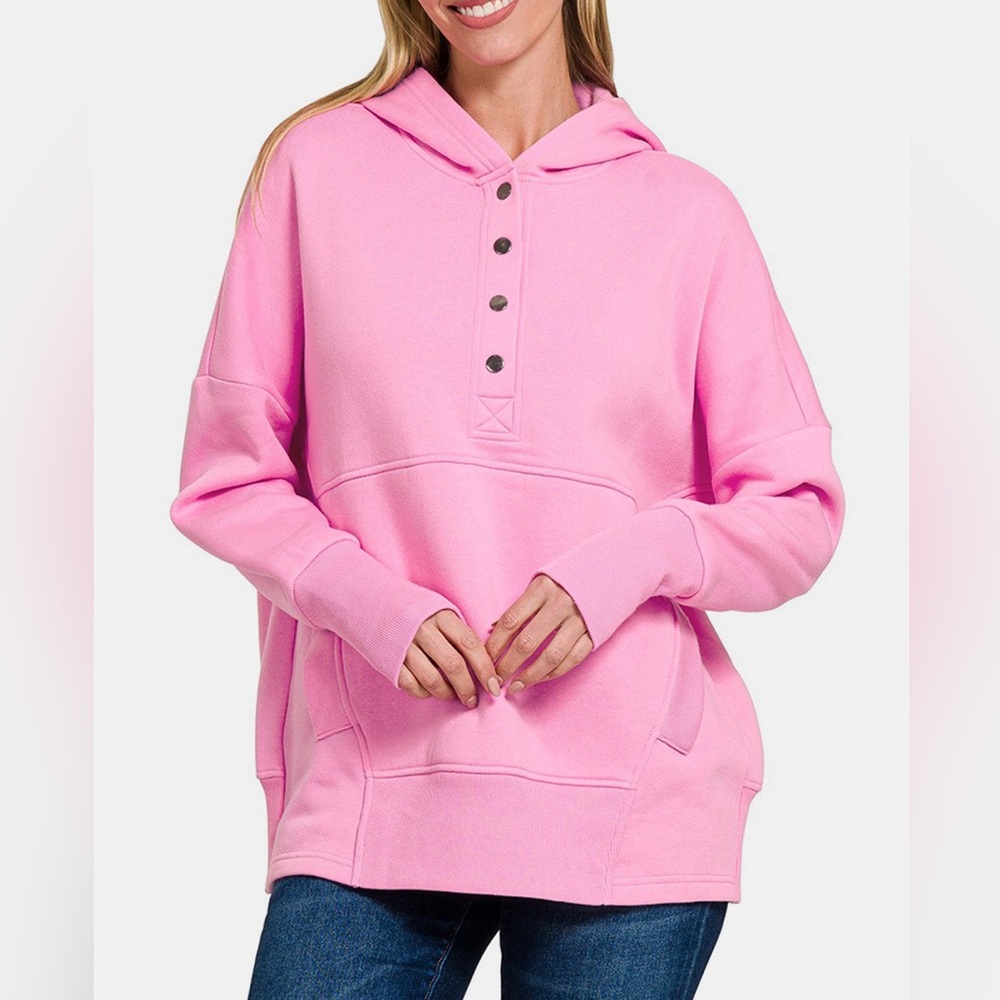 Zenana Outfitters Pink Henley Hoodie Sweatshirt